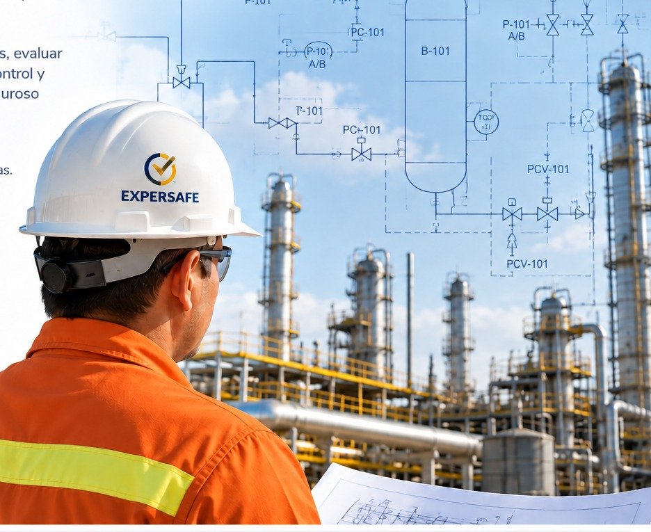 Especialista en seguridad de procesos frente a instalación industrial y diagrama de proceso