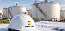 Terminal de almacenamiento con casco EXPERSAFE y plano técnico