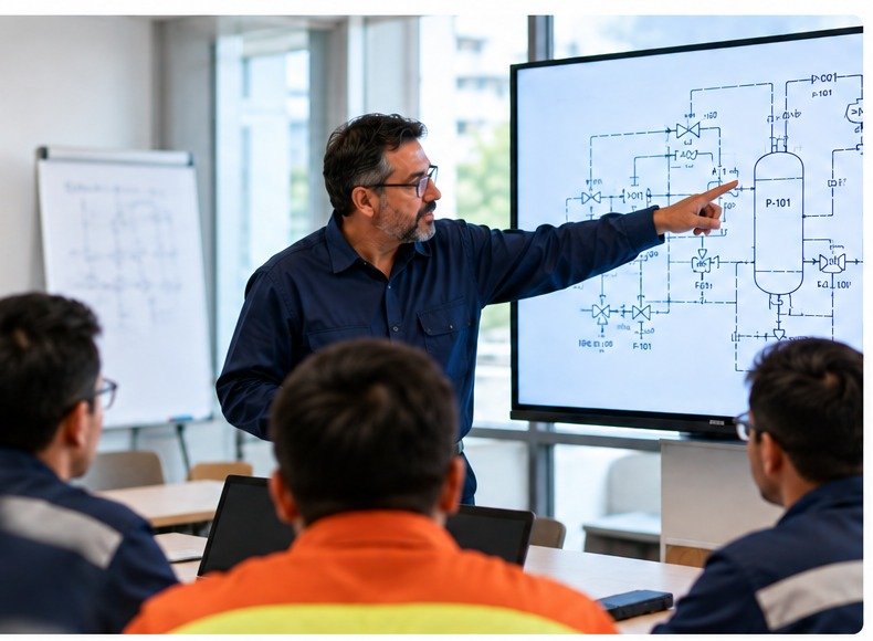 Instructor impartiendo capacitación técnica con un diagrama de proceso